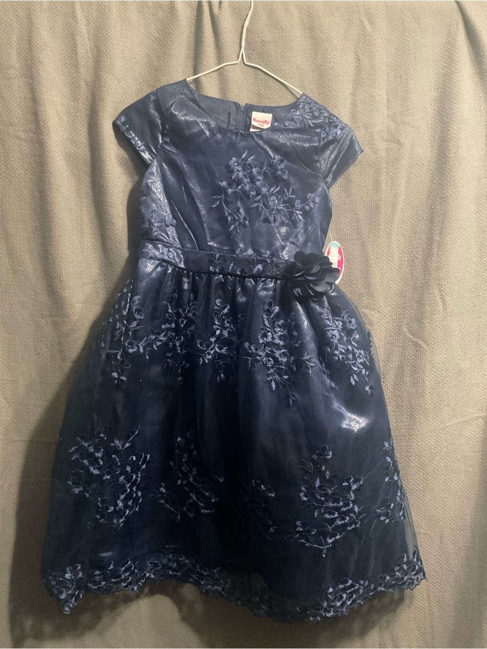 Nannette Navy Floral Embroidered Party Dress with Waist Flower